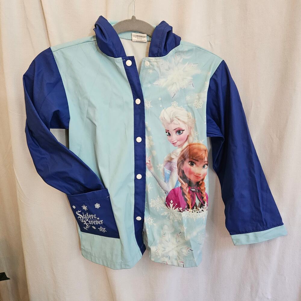Disney Frozen Elsa Anna Girls Hooded Rain Jacket S/M Sisters Forever